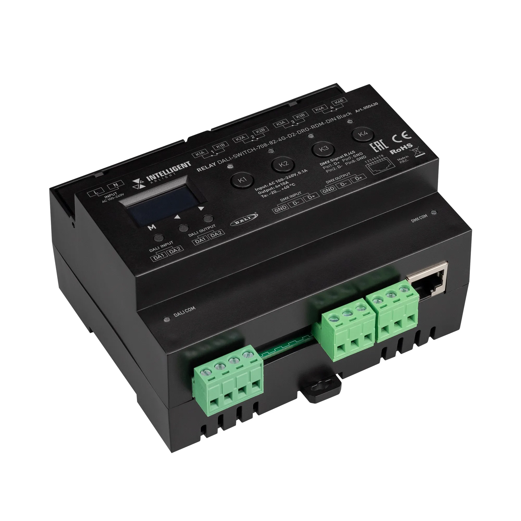 INTELLIGENT ARLIGHT Релейный модуль DALI-SWITCH-708-82-4G-D2-DRO-RDM-DIN Black (230V, 4x10A, DMX512) (IARL, IP20 Пластик, 5 лет) - изображение товара